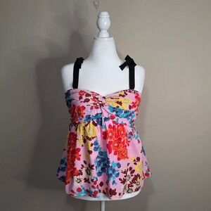 Peter Som Pink Floral Cotton Babydoll Tie Bow Straps Smocked Back Large